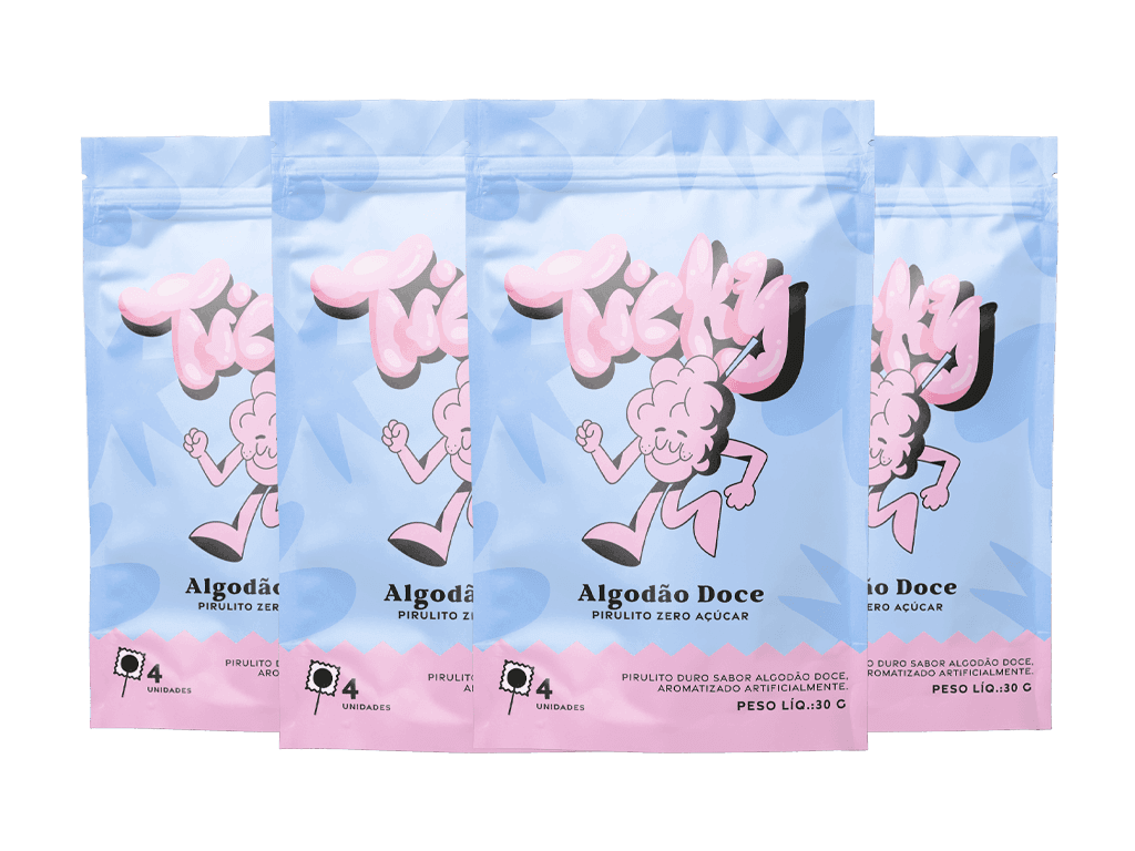Pirulito Zero Açúcar - Sabor Algodão Doce - Pack 4 Pouches (16 Unidades)